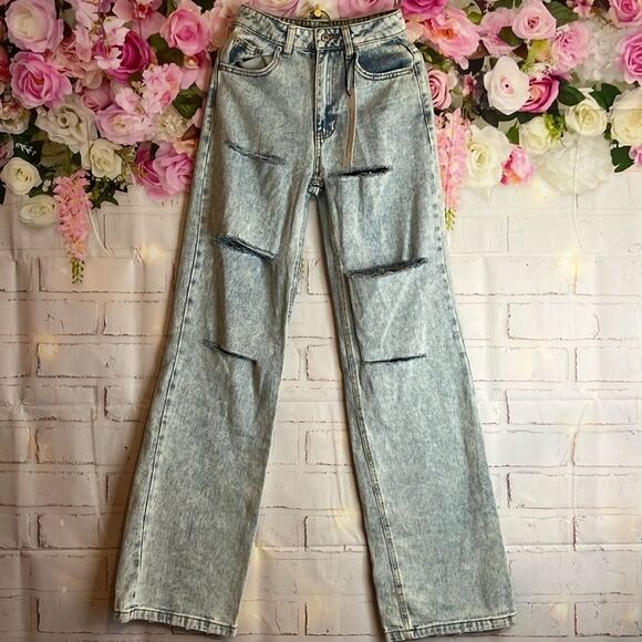 Slashed And Ripped Flared Wide leg Jeans by Highway Jeans size 1 NWT - Picture 1 of 9